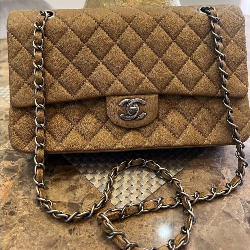 Chanel Bronze Gold Caviar Medium Classic Double Flap Bag  Ruthenium Hard wear